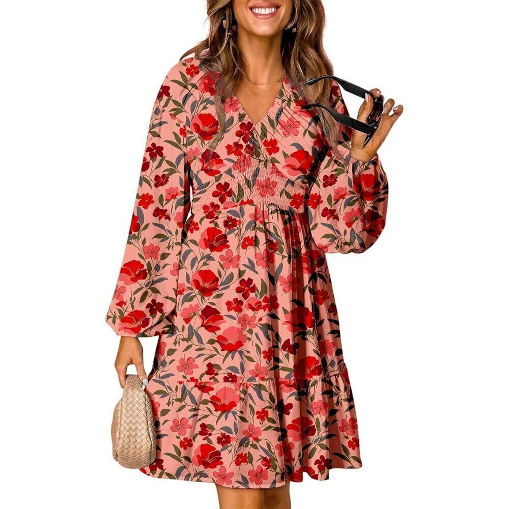 Spring Dresses for Women 2026 Boho Floral V Neck Long Sleeve Smocked Elastic Wai
